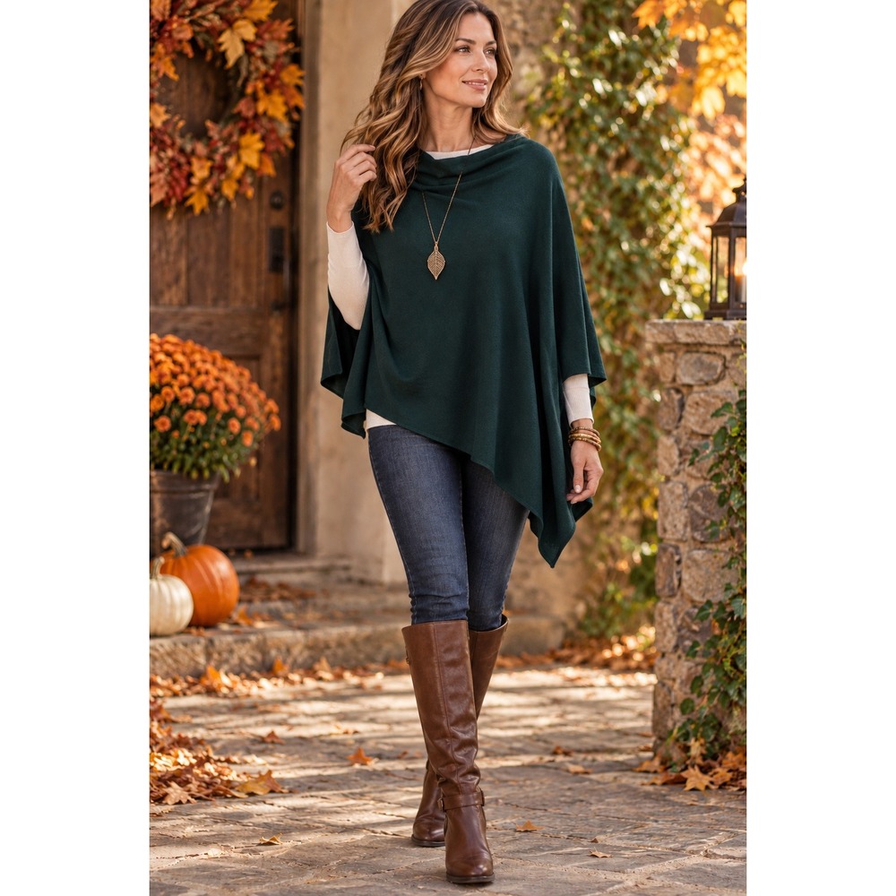 J. Jill Wearever Dark Green Jadeite Asymmetrical Poncho Wrap Cape Shawl Size S-L